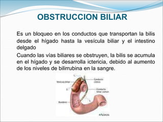 OBSTRUCCION BILIAR
Es un bloqueo en los conductos que transportan la bilis
desde el hígado hasta la vesícula biliar y el intestino
delgado
Cuando las vías biliares se obstruyen, la bilis se acumula
en el hígado y se desarrolla ictericia, debido al aumento
de los niveles de bilirrubina en la sangre.
 