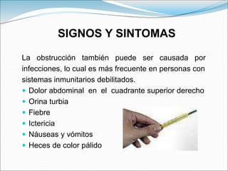 La obstrucción también puede ser causada por
infecciones, lo cual es más frecuente en personas con
sistemas inmunitarios debilitados.
 Dolor abdominal en el cuadrante superior derecho
 Orina turbia
 Fiebre
 Ictericia
 Náuseas y vómitos
 Heces de color pálido
SIGNOS Y SINTOMAS
 
