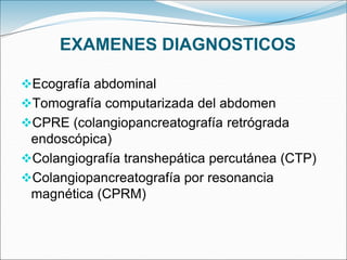 EXAMENES DIAGNOSTICOS
Ecografía abdominal
Tomografía computarizada del abdomen
CPRE (colangiopancreatografía retrógrada
endoscópica)
Colangiografía transhepática percutánea (CTP)
Colangiopancreatografía por resonancia
magnética (CPRM)
 