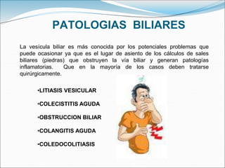 PATOLOGIAS BILIARES
•LITIASIS VESICULAR
•COLECISTITIS AGUDA
•OBSTRUCCION BILIAR
•COLANGITIS AGUDA
•COLEDOCOLITIASIS
La vesícula biliar es más conocida por los potenciales problemas que
puede ocasionar ya que es el lugar de asiento de los cálculos de sales
biliares (piedras) que obstruyen la vía biliar y generan patologías
inflamatorias. Que en la mayoría de los casos deben tratarse
quirúrgicamente.
 