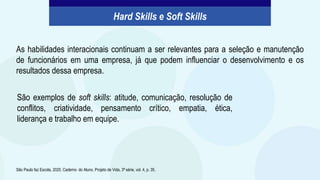 As habilidades interacionais continuam a ser relevantes para a seleção e manutenção
de funcionários em uma empresa, já que podem influenciar o desenvolvimento e os
resultados dessa empresa.
São Paulo faz Escola, 2020. Caderno do Aluno, Projeto de Vida, 3ª série, vol. 4, p. 35.
São exemplos de soft skills: atitude, comunicação, resolução de
conflitos, criatividade, pensamento crítico, empatia, ética,
liderança e trabalho em equipe.
Hard Skills e Soft Skills
 