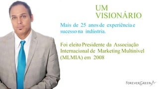 UM
VISIONÁRIO
Mais de 25 anos de experiência e
sucesso na indústria.
Foi eleito Presidente da Associação
Internacional de Marketing Multinível
(MLMIA) em 2008
 