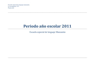 Escuela especial de lenguaje manzanita
La reconquista 1337
Puente alto
Periodo año escolar 2011
Escuela especial de lenguaje Manzanita
 