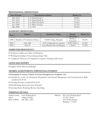 PROFESSIONAL CREDENTIALS
Year of Exam Examination Passed Marks (%)
May 2014 C.A. Final Group I 50.00%
Nov 2012 C.A. Final Group II 51.75%
Nov 2010 C.A. IPCC Group II 53.40%
Nov 2009 C.A. IPCC Group I 55.75%
Dec 2008 C.A. CPT 64.50%
ACADEMIC CREDENTIALS
Year Degree Institute/College Board/
University
Marks (%)
2008 Bachelor of Commerce (Hons.) T.D.B College, Raniganj
Burdwan
University
60.25%
2005 Class XII D.A.V High School, Asansol W.B.C.H.S.E 61.40%
2003 Class X Gyan Bharati School, Raniganj C.B.S.E. 75.40%
COMPUTER PROFICIENCY
• Proficient in Microsoft office and Windows.
• Working knowledge of Accounting package Tally.
• Completed 150 hours of Compulsory Computer Training under ICAI.
LANGUAGES KNOWN
• English, Hindi, Marwari & Bengali
AWARDS, ACHEIVEMENT, STRENGTH & INTEREST
• Participated in various Cultural Activities throughout my Academic Life.
• Attended the course on Orientation Programme and General Management and Communication Skills
conducted by ICAI.
• Attending Seminars conducted by ICAI.
• Hard Working, Sincere & Career Oriented
• Listening Music, Watching Movies, Travelling.
PERSONAL DETAILS
Father’s name : Late Pradeep Kyal Address:- D/o Late Pradeep Kyal
Status : Single, Female 35, M.C. Road
Date of Birth : 4th Dec., 1987. Near Police Station
Raniganj - 713347
 