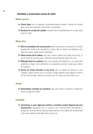 40
     - Veintidós a veinticuatro meses de edad:

     Motor grueso

          Corre bien: en un espacio suficientemente amplio, indicar al niño(a)
          que corra por ejemplo, para traer una pelota
          Se para en un pie sin ayuda: mostrar cómo equilibrarse en un pie, para
          que lo imite



     Motor fino

          Gira la cerradura de una puerta: pedir que abra una puerta en la que
          pueda dar vuelta a la cerradura, o bien, dar un frasco de plástico con
          tapa de rosca, pedir que lo destape
          Hace torres de 6 cubos: dar seis cubos, pedir que haga una torre, si
          no lo hace la primera vez, muestre cómo hacerlo sólo una vez
          Maneja bien la cuchara: dar una cuchara de plástico y un vaso con
          gelatina o algún otro alimento en pequeña porción, para que utilice
          la cuchara
          Imita un trazo circular y una cruz: dar un papel en blanco y una
          crayola, trazar frente a él un círculo, luego pedirle que haga lo mismo
          en la misma hoja. Hacer lo mismo con un trazo en forma de cruz



     Social

          Dramatizar usando un muñeco: dar uno o dos muñecos y observar
          cómo juega con ellos



     Lenguaje

          Comienza a usar algunos verbos y nombra cuatro figuras de una
          ilustración: apoyarse en un cuento con ilustraciones llamativas y
          preguntar acerca de las figuras observando si es capaz de nombrarlas
          y de usar verbos para describir lo que ve
 