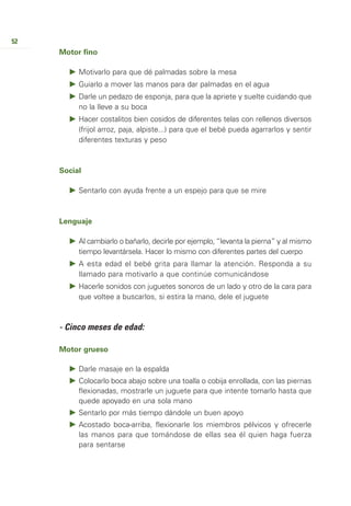52
     Motor fino

          Motivarlo para que dé palmadas sobre la mesa
          Guiarlo a mover las manos para dar palmadas en el agua
          Darle un pedazo de esponja, para que la apriete y suelte cuidando que
          no la lleve a su boca
          Hacer costalitos bien cosidos de diferentes telas con rellenos diversos
          (frijol arroz, paja, alpiste...) para que el bebé pueda agarrarlos y sentir
          diferentes texturas y peso



     Social

          Sentarlo con ayuda frente a un espejo para que se mire



     Lenguaje

          Al cambiarlo o bañarlo, decirle por ejemplo, “levanta la pierna” y al mismo
          tiempo levantársela. Hacer lo mismo con diferentes partes del cuerpo
          A esta edad el bebé grita para llamar la atención. Responda a su
          llamado para motivarlo a que continúe comunicándose
          Hacerle sonidos con juguetes sonoros de un lado y otro de la cara para
          que voltee a buscarlos, si estira la mano, dele el juguete



     - Cinco meses de edad:

     Motor grueso

          Darle masaje en la espalda
          Colocarlo boca abajo sobre una toalla o cobija enrollada, con las piernas
          flexionadas, mostrarle un juguete para que intente tomarlo hasta que
          quede apoyado en una sola mano
          Sentarlo por más tiempo dándole un buen apoyo
          Acostado boca-arriba, flexionarle los miembros pélvicos y ofrecerle
          las manos para que tomándose de ellas sea él quien haga fuerza
          para sentarse
 