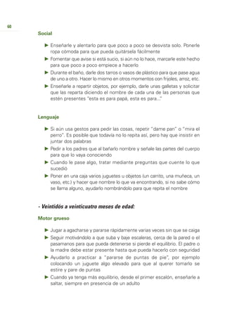 60
     Social

          Enseñarle y alentarlo para que poco a poco se desvista solo. Ponerle
          ropa cómoda para que pueda quitársela fácilmente
          Fomentar que avise si está sucio, si aún no lo hace, marcarle este hecho
          para que poco a poco empiece a hacerlo
          Durante el baño, darle dos tarros o vasos de plástico para que pase agua
          de uno a otro. Hacer lo mismo en otros momentos con frijoles, arroz, etc.
          Enseñarle a repartir objetos, por ejemplo, darle unas galletas y solicitar
          que las reparta diciendo el nombre de cada una de las personas que
          estén presentes “esta es para papá, esta es para...  ”


     Lenguaje

          Si aún usa gestos para pedir las cosas, repetir “dame pan” o “mira el
          perro”. Es posible que todavía no lo repita así, pero hay que insistir en
          juntar dos palabras
          Pedir a los padres que al bañarlo nombre y señale las partes del cuerpo
          para que lo vaya conociendo
          Cuando le pase algo, tratar mediante preguntas que cuente lo que
          sucedió
          Poner en una caja varios juguetes u objetos (un carrito, una muñeca, un
          vaso, etc.) y hacer que nombre lo que va encontrando, si no sabe cómo
          se llama alguno, ayudarlo nombrándolo para que repita el nombre


     - Veintidós a veinticuatro meses de edad:

     Motor grueso

          Jugar a agacharse y pararse rápidamente varias veces sin que se caiga
          Seguir motivándolo a que suba y baje escaleras, cerca de la pared o el
          pasamanos para que pueda detenerse si pierde el equilibrio. El padre o
          la madre debe estar presente hasta que pueda hacerlo con seguridad
          Ayudarlo a practicar a “pararse de puntas de pie”, por ejemplo
          colocando un juguete algo elevado para que al querer tomarlo se
          estire y pare de puntas
          Cuando ya tenga más equilibrio, desde el primer escalón, enseñarle a
          saltar, siempre en presencia de un adulto
 