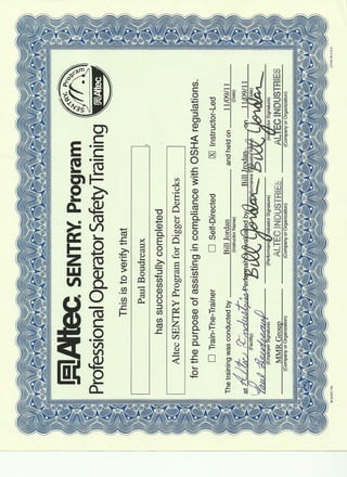 Paul Boudreaux Altec Digger Derrick Certificate