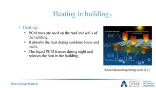 Heating in building[8]
• Heating:
• PCM mats are used on the roof and walls of
the building.
• It absorbs the heat during sunshine hours and
melts.
• The liquid PCM freezes during night and
releases the heat in the building.
Phase Change Material
(Source:phasechangeenergy.com) [4.2]
 
