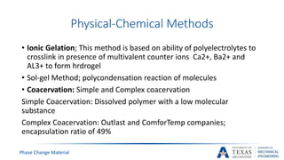 Physical-Chemical Methods
Phase Change Material
• Ionic Gelation; This method is based on ability of polyelectrolytes to
crosslink in presence of multivalent counter ions Ca2+, Ba2+ and
AL3+ to form hrdrogel
• Sol-gel Method; polycondensation reaction of molecules
• Coacervation: Simple and Complex coacervation
Simple Coacervation: Dissolved polymer with a low molecular
substance
Complex Coacervation: Outlast and ComforTemp companies;
encapsulation ratio of 49%
 