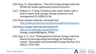 [10] Arjun, D., Hayavadana,J., Thermal energy storage materials
(PCMs) for textile applications,Volume 8,Issue 4
[11] J. Prakash, H. P. Garg, G.Datta,A solar water heater with a
built-in latent heat storage, Energy conversion and
management 25 (1985) 51-56.
[12] Phase change materials, retrieved from
http://www.puretemp.com/stories/understanding-pcms
[13] Phase change materials,retrieved from
https://en.wikipedia.org/wiki/Phase-
change_material#Organic_PCMs
[14] Tyagi, V. V., et al. "Development of phase change materials
based microencapsulated technology for buildings: a
review." Renewable and Sustainable Energy Reviews 15.2
(2011): 1373-1391.
Phase Change Material
 