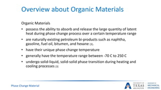 Overview about Organic Materials
Organic Materials
• possess the ability to absorb and release the large quantity of latent
heat during phase change process over a certain temperature range
• are naturally existing petroleum bi-products such as naphtha,
gasoline, fuel oil, bitumen, and hexane [3].
• have their unique phase change temperature
• generally have the temperature range between -70 C to 250 C
• undergo solid-liquid, solid-solid phase transition during heating and
cooling processes [3]
Phase Change Material
 