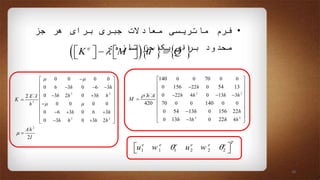 •‫فرم‬‫ماتریسی‬‫معادالت‬‫جبری‬‫برای‬‫هر‬‫جز‬
‫محدود‬‫برای‬‫یک‬‫جز‬‫سازه‬:
    e e e e
K M u Q       
2 2
3
2 2
2
0 0 0 0
0 6 3 0 6 3
0 3 2 0 32
0 0 0 0
0 6 3 0 6 3
0 3 0 3 2
2
h h
h h h hE I
h
h h
h h h h
K
Ah
I
 
 


  
 

  
 
 
 
 
 
  
 
 
 
 

2 2
2 2
0 0 0 0
0 22 0
0 22 4 0 13 3
0 0 0 0
0 0
0 3 0 4
140 70
156 54 13
70 140420
54 13 156 22
13 22
h
h h h h
h h
h A
M
h h
h h



 
 
 
  
  
 
 
 
 
1 1 1 2 2 2
Te e e e e e
u w u w   
10
 