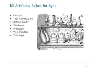 33
UX Artifacts: Adjust for Agile
 Personas
 Task Flow Diagram
 UI Style Guide
 Wireframe
 Prototype
 Web Analytics
 Test Report
 
