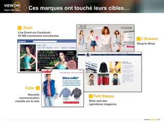 Ces marques ont touché leurs cibles…Etam Live Event sur Facebook : 55 000 connexions simultanées3 Suisses Shop-In-ShopCelio Nouvelle communication visuelle sur le webPetit Bateau Relai web des opérations magasins