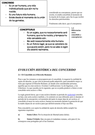 considerada un concepturus, puesto que no
existía, ni estaba concebida al momento de
la muerte de la mujer, pero fue la que recibió
los derechos patrimoniales.
Finalmente cabe decir, que el concepturus
1.3
Diferencias
entre
concebido y
concepturus:
EVOLUCIÓN HISTÓRICA DEL CONCEBIDO
2.1 El Concebido en el Derecho Romano:
Pese a que los romanos se preocuparon por el concebido, le negaron la cualidad de
sujeto de derecho, ya que solo la persona podía adquirirlo, para entenderlo mejor se
tiene que regresar al Derecho Romano, en donde eran consideradas personas,
aquellas que no eran esclavos. Existían 2 calificaciones: La de Ingenuos, y los
Libertinos. Lo que sucedía era lo siguiente, que no se podía predecir a futuro si este
concebido sería esclavo o libre.
La regla general decía, que si una esclava durante su periodo de esclavitud concebía
un hijo, este sería esclavo también, y lo contrario en caso diferente; pero si durante el
periodo de la concepción o al momento del parto la mujer deja de ser esclava, el
concebido al nacer no sería esclavo, bastara un momento durante la gestación de que
la madre dejara de ser esclava para que definitivamente el hijo sea libre.
Para concederle a un sujeto la calidad de sujeto de derecho debía cumplir los
siguientes requisitos:
a) Status Libre: Por la situación de libertad (antes dicha).
b) Status Civitatis: Que era para el ciudadano romano, solo para él; los
extranjeros eran protegidos por el Ius Gentium.
 