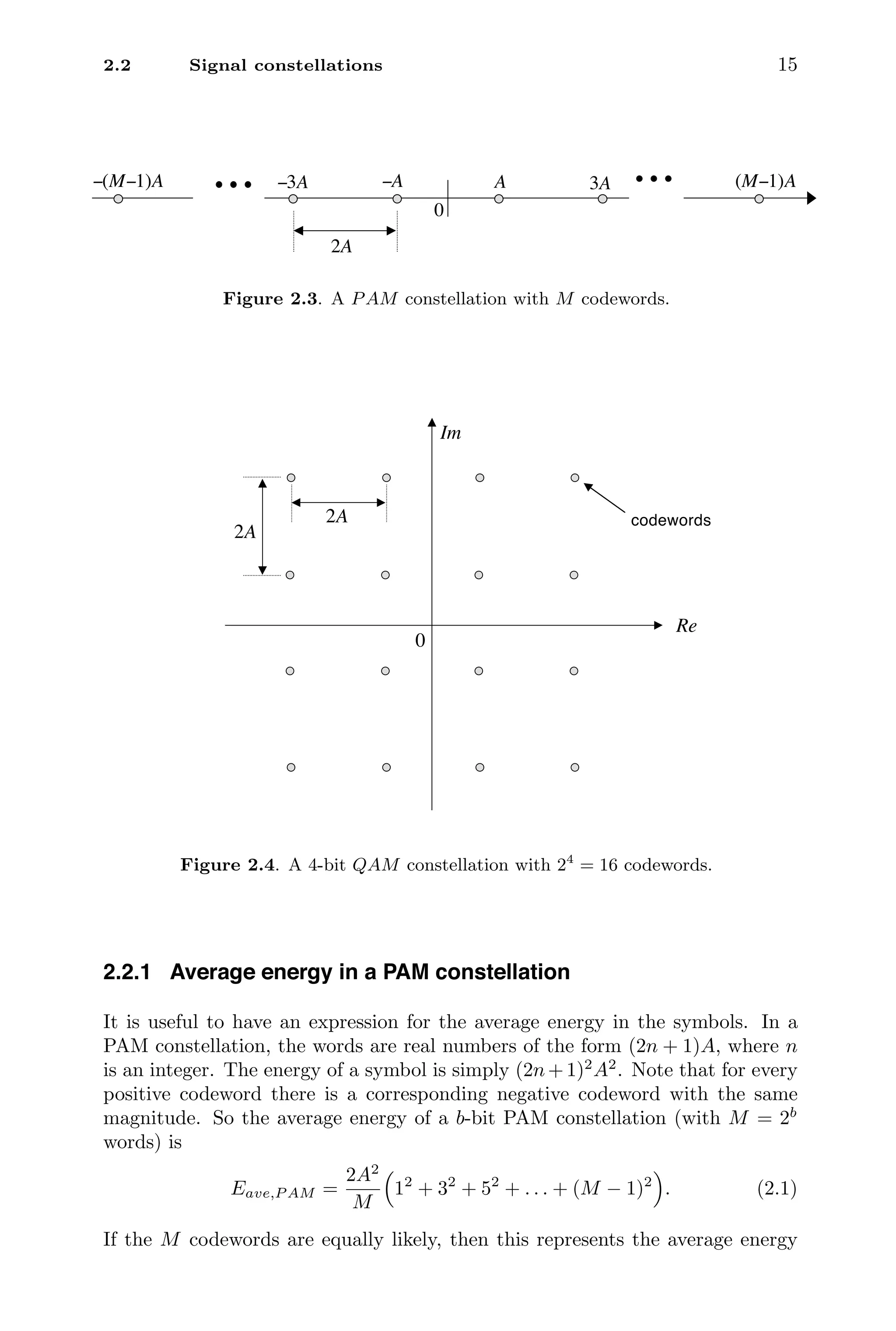 2.2 Signal constellations 15
A
−A
0
−3A
−(M−1)A 3A (M−1)A
2A
Figure 2.3. A PAM constellation with M codewords.
0
2A
2A
codewords
Re
Im
Figure 2.4. A 4-bit QAM constellation with 24
= 16 codewords.
2.2.1 Average energy in a PAM constellation
It is useful to have an expression for the average energy in the symbols. In a
PAM constellation, the words are real numbers of the form (2n + 1)A, where n
is an integer. The energy of a symbol is simply (2n+1)2
A2
. Note that for every
positive codeword there is a corresponding negative codeword with the same
magnitude. So the average energy of a b-bit PAM constellation (with M = 2b
words) is
Eave,P AM =
2A2
M

12
+ 32
+ 52
+ . . . + (M − 1)2

. (2.1)
If the M codewords are equally likely, then this represents the average energy
 