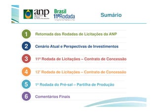 Sumário
Retomada das Rodadas de Licitações da ANP1
3
Cenário Atual e Perspectivas de Investimentos2
12ª Rodada de Licitações – Contrato de Concessão4
1ª Rodada do Pré-sal – Partilha de Produção5
Comentários Finais6
11ª Rodada de Licitações – Contrato de Concessão3
 