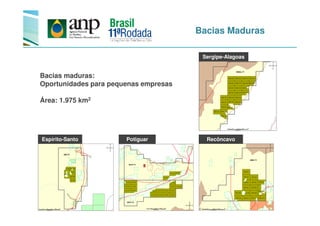 Bacias Maduras
Bacias maduras:
Oportunidades para pequenas empresas
Área: 1.975 km2
Sergipe-Alagoas
Potiguar RecôncavoEspírito-Santo
 