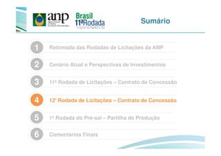 Sumário
Retomada das Rodadas de Licitações da ANP1
3
Cenário Atual e Perspectivas de Investimentos2
12ª Rodada de Licitações – Contrato de Concessão4
1ª Rodada do Pré-sal – Partilha de Produção5
Comentários Finais6
11ª Rodada de Licitações – Contrato de Concessão3
 