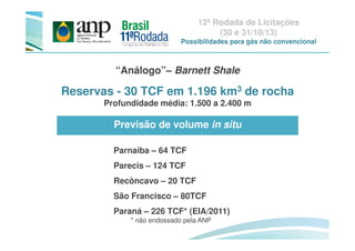 Reservas - 30 TCF em 1.196 km3 de rocha
Profundidade média: 1.500 a 2.400 m
“Análogo”– Barnett Shale
Previsão de volume in situ
12ª Rodada de Licitações
(30 e 31/10/13)
Possibilidades para gás não convencional
Previsão de volume in situ
Parnaíba – 64 TCF
Parecis – 124 TCF
Recôncavo – 20 TCF
São Francisco – 80TCF
Paraná – 226 TCF* (EIA/2011)
* não endossado pela ANP
 