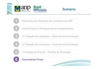 Sumário
Retomada das Rodadas de Licitações da ANP1
3
Cenário Atual e Perspectivas de Investimentos2
12ª Rodada de Licitações – Contrato de Concessão4
1ª Rodada do Pré-sal – Partilha de Produção5
Comentários Finais6
11ª Rodada de Licitações – Contrato de Concessão3
 