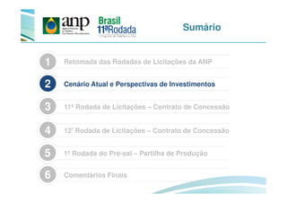 Sumário
Retomada das Rodadas de Licitações da ANP1
3
Cenário Atual e Perspectivas de Investimentos2
12ª Rodada de Licitações – Contrato de Concessão4
1ª Rodada do Pré-sal – Partilha de Produção5
Comentários Finais6
11ª Rodada de Licitações – Contrato de Concessão3
 