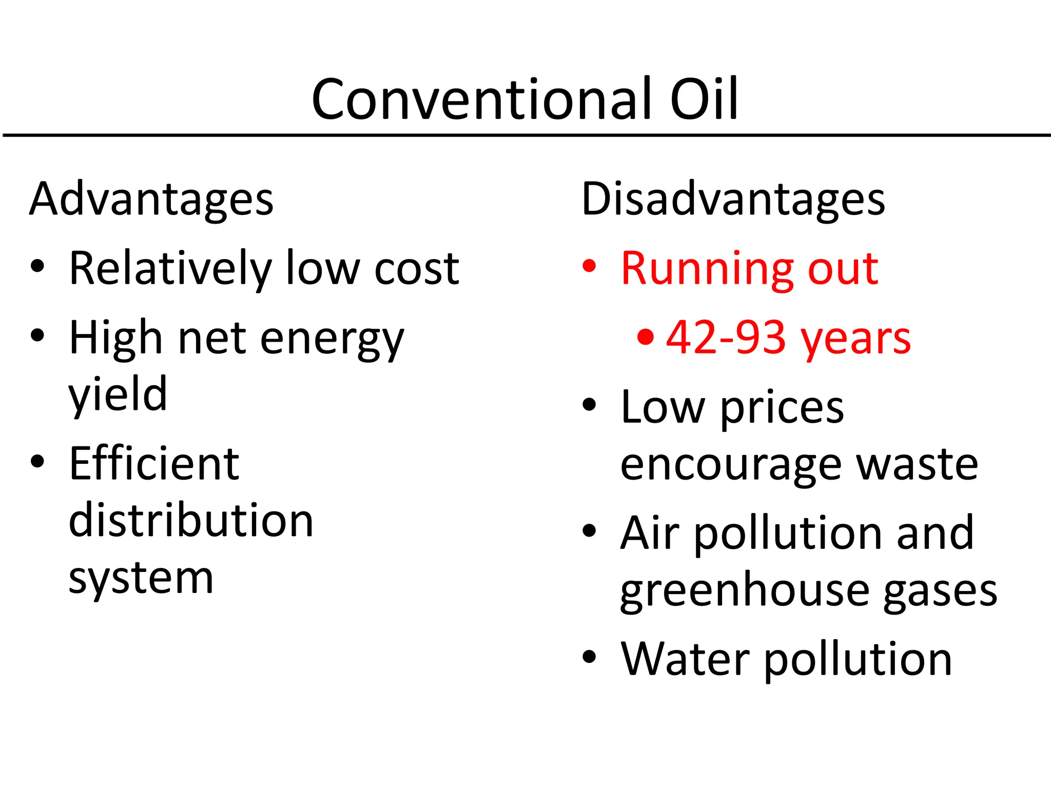 Conventional Oil
Advantages
• Relatively low cost
• High net energy
yield
• Efficient
distribution
system
Disadvantages
• Running out
•42-93 years
• Low prices
encourage waste
• Air pollution and
greenhouse gases
• Water pollution
 