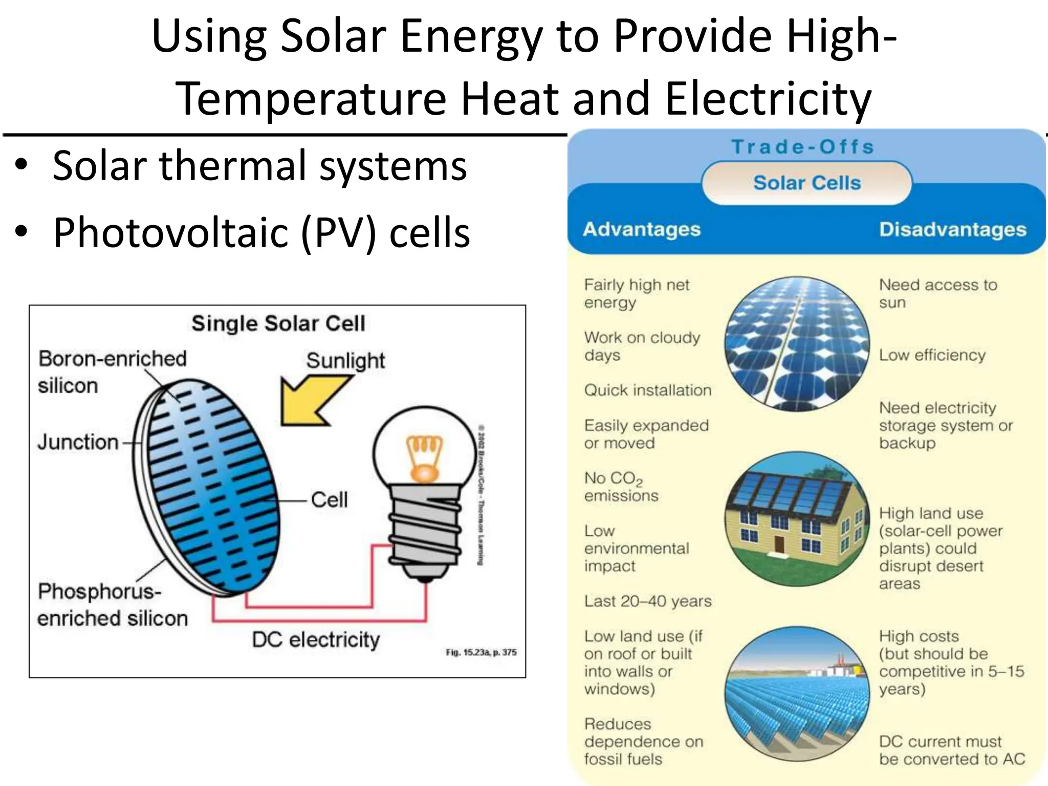 Using Solar Energy to Provide High-
Temperature Heat and Electricity
• Solar thermal systems
• Photovoltaic (PV) cells
 