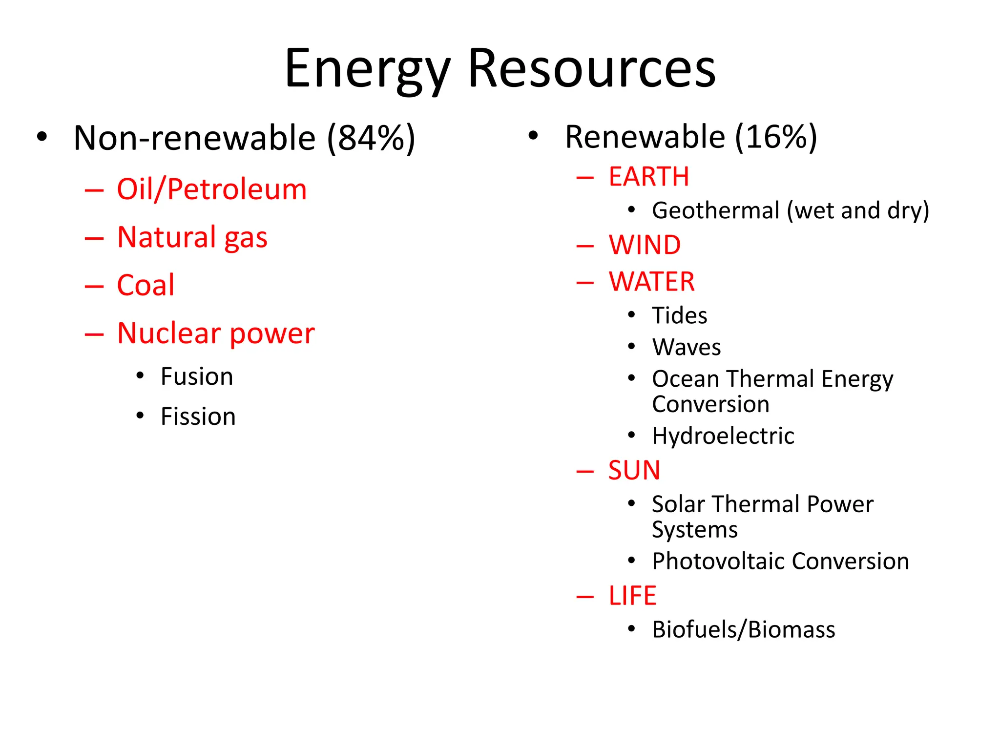 Energy Resources
• Renewable (16%)
– EARTH
• Geothermal (wet and dry)
– WIND
– WATER
• Tides
• Waves
• Ocean Thermal Energy
Conversion
• Hydroelectric
– SUN
• Solar Thermal Power
Systems
• Photovoltaic Conversion
– LIFE
• Biofuels/Biomass
• Non-renewable (84%)
– Oil/Petroleum
– Natural gas
– Coal
– Nuclear power
• Fusion
• Fission
 