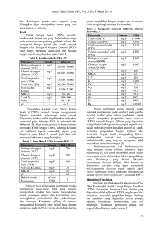 Jurnal Teknik Kimia USU, Vol. 3, No. 1 (Maret 2014)
33
dan kandungan pupuk cair organik yang
diharapkan dapat mewujudkan proses yang zero
waste dan zero emission.
Teori
Pabrik Kelapa Sawit (PKS) memiliki
karakteristik limbah cair yang berbeda-beda tetapi
pada umumnya mengandung padatan terlarut dan
tersuspensi berupa koloid dan residu minyak
dengan nilai Biological Oxygen Demand (BOD)
yang tinggi, berwarna kecoklatan, dan bersuhu
tinggi, seperti yang disajikan pada Tabel 1.
Tabel 1. Karakteristik LCPKS [2,9]
Parameter Satuan Kisaran
Biological oxygen
demand (BOD)
mg/l
20.000 - 30.000
Chemical oxygen
demand (COD)
mg/l
40.000 - 60.000
Total suspended
solid (TSS)
mg/l
15.000 - 40.000
Total solid (TS) mg/l 30.000 - 70.000
Minyak dan
Lemak
mg/l
5.000 - 7.000
NH3-N mg/l 30 - 40
Total N mg/l 500 - 800
Suhu o
C 90 - 140
pH - 4 - 5
Pengolahan Limbah Cair Pabrik Kelapa
Sawit (LCPKS) menjadi biogas menggunakan
digester anaerobik, sebenarnya sudah banyak
dilaporkan, bahkan sudah diaplikasikan pada skala
komersial pada beberapa PKS di Indonesia dan
Malaysia [3]. Akan tetapi, proses ini hanya mampu
mereduksi COD hingga ± 80%, sehingga keluaran
cair (effluent) digester anaerobik, seperti yang
disajikan pada Tabel 2, masih jauh dari nilai
parameter baku mutu yang ditetapkan.
Tabel 2. Baku Mutu LCPKS keluaran IPAL [5]
Parameter Satuan Baku Mutu
Biological oxygen
demand (BOD)
mg/l 250
Chemical oxygen
demand (COD)
mg/l 500
Total suspended
solid (TSS)
mg/l 300
Minyak & Lemak mg/l 30
NH3-N mg/l 20
pH - 6-9
Debit Limbah
Maksimum
m3
/ton
CPO
6
Effluent hasil pengolahan pembuatan biogas
mempunyai unsur-unsur hara yang mampu
memperbaiki struktur fisik tanah, meningkatkan
aerasi, peresapan, retensi, dan kelembaban, serta
meningkatkan pertumbuhan dan perkembangan
akar tanaman. Komposisi effluent di estimasi
mengandung komposisi yang relatif sama dengan
komposisi pada LCPKS. Hal ini disebabkan karena
proses pengolahan biogas dengan cara fermentasi
tidak menghilangkan unsur hara tersebut.
Tabel 3. Komposisi Keluaran (effluent) Digester
Anaerobic [3]
Parameter Satuan Nilai
Total solid (TS) mg/l 11,900
Volatile solid (VS) mg/l 7,500
Total suspended solid
(TSS)
mg/l 2,570
Volatile suspended solid
(VSS)
mg/l 2,200
Biological oxygen
demand (BOD)
mg/l 3,050
Chemical oxygen
demand (COD)
mg/l 8,600
T-N mg/l 490
NH3-N mg/l 65
T-P mg/l 110
K mg/l 1,900
Ca mg/l 23
Mg mg/l 256
Cd mg/l < 0.01
As mg/l < 0.01
Zn mg/l 0.61
Cr mg/l 0.04
Hg mg/l < 0.0005
Proses pembuatan pupuk organik secara
skematik disajikankan pada Gambar 1 pada gambar
tersebut terlihat jelas bahwa pembuatan pupuk
organik merupakan pengolahan lanjut konversi
LCPKS menjadi biogas. Effluent yang digunakan
sebagai bahan baku pembuatan pupuk organik aktif
sudah melewati proses degradasi anaerob di tangki
fermentor pengolahan biogas. Effluent dari
fermentor biogas masih mengandung bakteri
pendegradasi metana dan pendegradasi
karbondioksida, yang ternyata merupakan salah
satu bakteri penambat nitrogen [6].
Methanobacterium dan Methanobacillus
yang terdapat dalam effluent diketahui dapat
membentuk N2 dan untuk menambah unsur makro
lain seperti posfat dibutuhkan bakteri pengolahnya
yaitu Bacillus.sp, yang belum diketahui
kuantitasnya didalam effluent. Oleh karena itu
dibutuhkan aktivator yang dapat menambah
mikroorganisme didalam pupuk organik aktif.
Proses pembuatan pupuk dilakukan menggunakan
larutan effective microorganisme 4 disingkat EM-4.
Metodologi Penelitian
Penelitian ini dilakukan di Laboratorium Pilot
Plant Pembangkit Listrik Tenaga Biogas, Pusdiklat
LPPM, Universitas Sumatera Utara. Bahan yang
digunakan adalah effluent LCPKS yang berasal dari
bioreaktor anaerobik pengolahan biogas. Sedang-
kan peralatan yang digunakan adalah pompa,
agitator, bioreaktor, thermocouple, dan coil
pendingin. Flowsheet pembuatan pupuk cair
organik diperlihatkan pada Gambar 1.
 