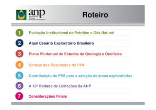 Roteiro
Evolução Institucional de Petróleo e Gás Natural1
Plano Plurianual de Estudos de Geologia e Geofísica3
Atual Cenário Exploratório Brasileiro2
Considerações Finais7
Síntese dos Resultados do PPA4
Contribuição do PPA para a seleção de áreas exploratórias5
A 12ª Rodada de Licitações da ANP6
Plano Plurianual de Estudos de Geologia e Geofísica3
 