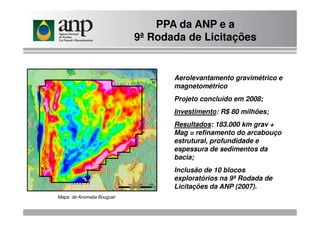 PPA da ANP e a
9ª Rodada de Licitações
Aerolevantamento gravimétrico e
magnetométrico
Projeto concluído em 2008;
Investimento: R$ 80 milhões;
Mapa de Anomalia Bouguer
Investimento: R$ 80 milhões;
Resultados: 183.000 km grav +
Mag = refinamento do arcabouço
estrutural, profundidade e
espessura de sedimentos da
bacia;
Inclusão de 10 blocos
exploratórios na 9ª Rodada de
Licitações da ANP (2007).
 