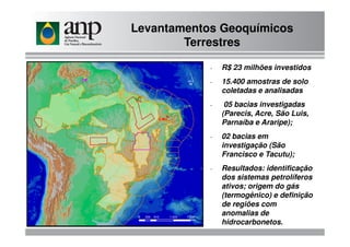 Levantamentos Geoquímicos
Terrestres
- R$ 23 milhões investidos
- 15.400 amostras de solo
coletadas e analisadas
- 05 bacias investigadas
(Parecis, Acre, São Luis,
Parnaíba e Araripe);Parnaíba e Araripe);
- 02 bacias em
investigação (São
Francisco e Tacutu);
- Resultados: identificação
dos sistemas petrolíferos
ativos; origem do gás
(termogênico) e definição
de regiões com
anomalias de
hidrocarbonetos.
 