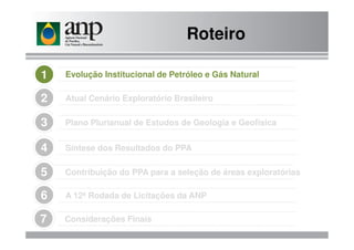 Roteiro
Evolução Institucional de Petróleo e Gás Natural1
Plano Plurianual de Estudos de Geologia e Geofísica3
Atual Cenário Exploratório Brasileiro2
Considerações Finais7
Síntese dos Resultados do PPA4
Contribuição do PPA para a seleção de áreas exploratórias5
A 12ª Rodada de Licitações da ANP6
Plano Plurianual de Estudos de Geologia e Geofísica3
 