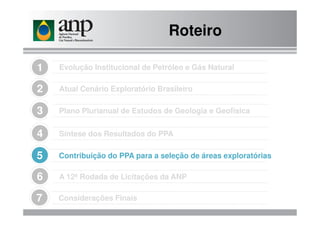 Roteiro
Evolução Institucional de Petróleo e Gás Natural1
Plano Plurianual de Estudos de Geologia e Geofísica3
Atual Cenário Exploratório Brasileiro2
Considerações Finais7
Síntese dos Resultados do PPA4
Contribuição do PPA para a seleção de áreas exploratórias5
A 12ª Rodada de Licitações da ANP6
Plano Plurianual de Estudos de Geologia e Geofísica3
 