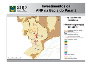 Investimentos da
ANP na Bacia do Paraná
Levantamento sísmico 2D - vibroseis
(em execução)
Aerolevantamento geofísico
~ R$ 165 milhões
investidos
~ 100 milhões previstos
2014/2015
Blocos Exploratórios - Rodadas
2
3
4
5
6
7
9
10
Cessão Onerosa
Bacias Sedimentares
Embsamento Cristalino
Aerolevantamento geofísico
Levantamento sísmico 2D
Magnetotelúrico (em execução)
Processamento sísmico (em execução)
 