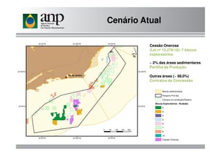 ~ 2% das áreas sedimentares
Partilha da Produção
Outras áreas (~ 98,0%)
Cessão Onerosa
(Lei nº 12.276/10): 7 blocos
exploratórios
Cenário Atual
Outras áreas (~ 98,0%)
Contratos de Concessão
Blocos Exploratórios - Rodadas
2
3
4
5
6
7
9
10
Cessão Onerosa
Campos em produção/Desenv.
Polígono Pré-Sal
Bacias sedimentares
 