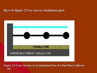Here in figure 2.5 we can see insulation part.




Figure 2.5 Cross Section of an Insulation Part of a Flat-Plate Collector
   [4].
 
