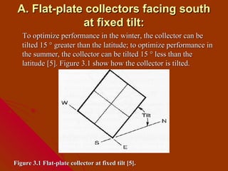 A. Flat-plate collectors facing south
              at fixed tilt:
   To optimize performance in the winter, the collector can be
   tilted 15 ° greater than the latitude; to optimize performance in
   the summer, the collector can be tilted 15 ° less than the
   latitude [5]. Figure 3.1 show how the collector is tilted.




Figure 3.1 Flat-plate collector at fixed tilt [5].
 