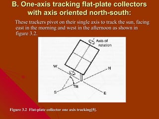 B. One-axis tracking flat-plate collectors
     with axis oriented north-south:
   These trackers pivot on their single axis to track the sun, facing
   east in the morning and west in the afternoon as shown in
   figure 3.2.




Figure 3.2 Flat-plate collector one axis tracking[5].
 