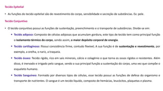 Tecido Epitelial
• As funções do tecido epitelial são de revestimento do corpo, sensibilidade e secreção de substâncias. Ex: pele.
Tecido Conjuntivo
• O tecido conjuntivo possui as funções de sustentação, preenchimento e o transporte de substâncias. Divide-se em:
 Tecido adiposo: Composto de células adiposas que acumulam gordura, este tipo de tecido tem como principal função
o isolamento térmico do corpo, sendo assim, o maior depósito corporal de energia.
 Tecido cartilaginoso: Possui consistência firme, contudo flexível; A sua função é de sustentação e revestimento, por
exemplo, a orelha, o nariz, a traqueia.
 Tecido ósseo: Tecido rígido, rico em sais minerais, cálcio e colagénio o que torna os ossos rígidos e resistentes. Além
disso, é inervado e irrigado pelo sangue, sendo a sua principal função a sustentação do corpo, uma vez que compõe o
esqueleto humano.
 Tecido Sanguíneo: Formado por diversos tipos de células, esse tecido possui as funções de defesa do organismo e
transporte de nutrientes. O sangue é um tecido líquido, composto de hemácias, leucócitos, plaquetas e plasma.
 