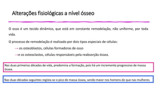 Alterações fisiológicas a nível ósseo
O osso é um tecido dinâmico, que está em constante remodelação, não uniforme, por toda
vida.
O processo de remodelação é realizado por dois tipos especiais de células:
→ os osteoblastos, células formadoras de osso
→e os osteoclastos, células responsáveis pela reabsorção óssea.
Nas duas primeiras décadas de vida, predomina a formação, pois há um incremento progressivo de massa
óssea.
Nas duas décadas seguintes regista-se o pico de massa óssea, sendo maior nos homens do que nas mulheres.
 