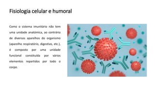 Fisiologia celular e humoral
Como o sistema imunitário não tem
uma unidade anatómica, ao contrário
de diversos aparelhos do organismo
(aparelho respiratório, digestivo, etc.),
é composto por uma unidade
funcional constituída por vários
elementos repartidos por todo o
corpo.
 