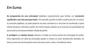 Em Suma:
Os componentes de uma articulação trabalham conjuntamente para facilitar um movimento
equilibrado e que não provoque lesões. Por exemplo, quando se dobra o joelho para dar um passo,
os músculos poplíteos, na parte posterior da coxa, contraem-se e encurtam-se recolhendo a parte
inferior da perna e fletindo o joelho. Ao mesmo tempo, relaxam-se os músculos do quadricípete da
parte anterior da coxa permitindo a flexão do joelho.
A cartilagem e o líquido sinovial reduzem a fricção ao mínimo dentro da articulação do joelho.
Cinco ligamentos em volta da articulação ajudam a manter os ossos devidamente alinhados. As
bolsas servem de amortecedores entre estruturas como a tíbia e o tendão da rótula.
 