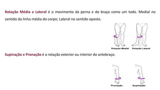 Rotação Média e Lateral é o movimento da perna e do braço como um todo. Medial no
sentido da linha média do corpo; Lateral no sentido oposto.
Supinação e Pronação é a rotação exterior ou interior do antebraço.
 