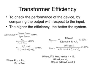 Transformer Efficiency
• To check the performance of the device, by
comparing the output with respect to the input.
• The higher the efficiency, the better the system.
%
100
cos
cos
%
100
%
100
,
2
2
2
2









cu
c
losses
out
out
P
P
I
V
I
V
P
P
P
Power
Input
Power
Output
Efficiency



%
100
cos
cos
%
100
cos
cos
2
)
(
)
(








cu
c
n
load
cu
c
load
full
P
n
P
nVA
nVA
P
P
VA
VA






Where, if ½ load, hence n = ½ ,
½ load, hence n = ½ ,
¼ load, n= ¼ ,
¼ load, n= ¼ ,
90% of full load, n =0.9
90% of full load, n =0.9
Where Pcu = Psc
Pc = Poc
 