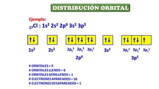 DISTRIBUCIÓN ORBITAL
Ejemplo:
17Cl : 1s2 2s2 2p6 3s2 3p5

 
   

1s2 2s2
2p6

   

3s2
3p5
  
3px
2 3py
2 3pz
1
# ORBITALES= 9
# ORBITALESLLENOS= 8
# ORBITALESSEMILLENOS= 1
# ELECTRONESAPAREADOS= 16
# ELECTRONESDESAPAREADOS= 1
2px
2 2py
2
2pz
2
 