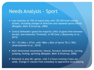 Needs Analysis - Sport
 Low intensity for 70% of match play with 150-250 brief intense
actions, including changes of direction and repeated sprint efforts
(Bangsbo, Mohr & Krustrup, 2006)
 Central Defenders spend the majority (34%) of game time between
Aerobic and Anaerobic Threshold, in HR Zone 3 (Bujnovsky et al.,
2015)
 TD = 10,336m ± 471m, with 186m ± 82m of Sprint TD (1.78%)
(Andrzejewski et al., 2015)
 Multi directional movements: lateral, forward, backwards, turning,
jumping, kicking, sprinting (Bangsbo, Mohr & Krustrup, 2006)
 Potential to play 60+ games, with 3-4 hours training 4 days per
week. Change in volume from schoolboy to apprentice level playing.
 
