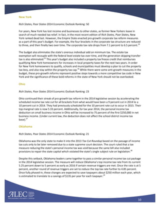 10
New York
Rich States, Poor States 2014 Economic Outlook Ranking: 50
For years, New York has lost income and businesses to other states, as former New Yorkers leave in
search of much needed tax relief. In fact, in the most recent edition of Rich States, Poor States, New
York ranked dead last. However, the Empire State enacted pro-growth corporate tax reform measures
as a part of this year's budget. For example, the four brackets in the corporate tax structure are reduced
to three, and then finally two over time. The corporate tax rate drops from 7.1 percent to 6.5 percent.24
The budget also eliminates the state's onerous individual add on minimum tax. The estate tax
exemption will recouple with the federal level estate tax over time, and the generation skipping transfer
tax is also eliminated.25
This year’s budget also included a property tax freeze credit that reimburses
qualifying New York homeowners for increases in local property taxes for the next two years. In order
for New York homeowners to qualify, schools and municipalities must develop a plan to cut the property
tax levy, and also stay within the property tax cap.26
While there were some anti-growth measures in the
budget, these pro-growth reforms represent positive steps towards a more competitive tax code in New
York and the significance of these bold reforms in the state of New York should not be overlooked.
Ohio
Rich States, Poor States 2014 Economic Outlook Ranking: 23
Ohio continued their streak of pro-growth tax reform in the 2014 legislative session by accelerating the
scheduled income tax rate cut for all brackets from what would have been a 9 percent cut in 2014 to a
10 percent cut in 2014. They had previously scheduled for the 10 percent rate cut to occur in 2015. Their
top marginal rate is now 5.33 percent. Additionally, for tax year 2014, the personal income tax
deduction on small business income in Ohio will be increased to 75 percent of the first $250,000 in net
business income. (Under current law, the deduction does not affect the school district income tax
base).27
Oklahoma
Rich States, Poor States 2014 Economic Outlook Ranking: 21
Oklahoma was the only state to make it into the 2013 Tax Cut Roundup based on the passage of income
tax cuts only to be later removed due to a state supreme court decision. The court ruled that a tax
measure reducing the state’s personal income tax was void because the same bill also included
provisions to repair the state capitol which violated the state’s single subject rule on legislation.28
Despite this setback, Oklahoma leaders came together to pass a similar personal income tax cut package
in the 2014 legislative session. The measure will reduce Oklahoma’s top income tax rate from its current
5.25 percent down to 5 percent as early as 2016 if certain revenue triggers are met. Once the rate is at 5
percent, another round of revenue triggers are set to reduce the top tax rate further to 4.85 percent.
Once fully phased-in, these changes are expected to save taxpayers about $250 million each year, which
is estimated to translate to a savings of $135 per year for each taxpayer.29
 